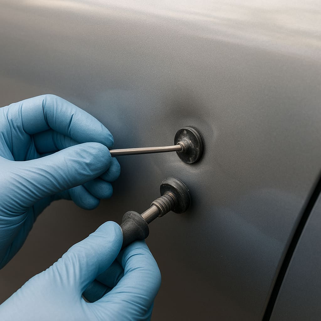 Türdelle wird mit PDR Werkzeug repariert